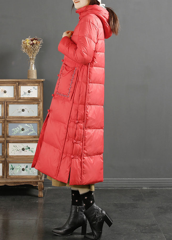 Fine Red Embroidered Side Open Button Duck Down Hooded Down Coat Long Sleeve