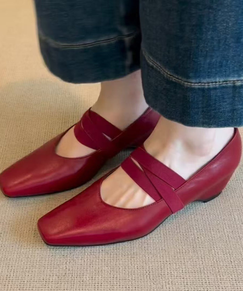 Fine Red Genuine Leather High Heels Lace Up High Heels