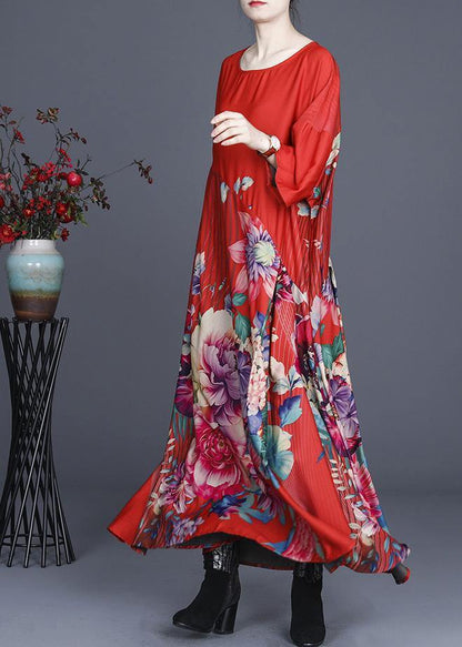 Fine Red Print O-neck Long Silk Dress Summer
