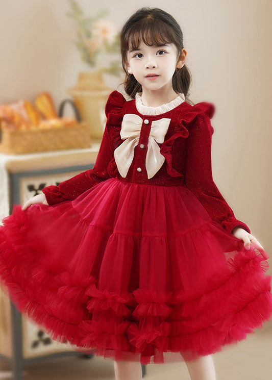Fine Red Ruffled Patchwork Tulle Baby Princess Dress Fall
