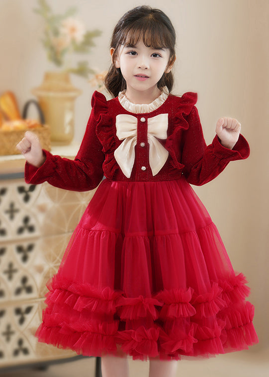 Fine Red Ruffled Patchwork Tulle Baby Princess Dress Fall