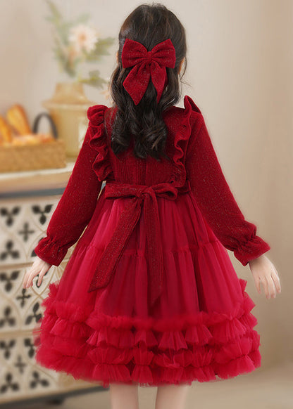Fine Red Ruffled Patchwork Tulle Baby Princess Dress Fall