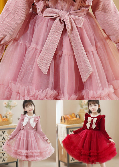 Fine Red Ruffled Patchwork Tulle Baby Princess Dress Fall