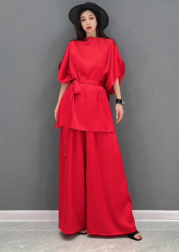 Fine Red Slash Neck Top and Long Pants Two Piece Set Summer