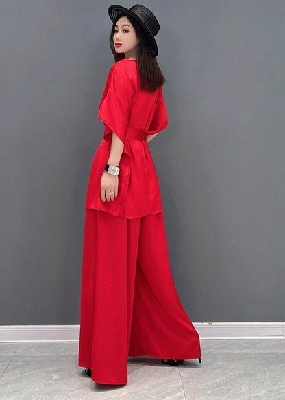 Fine Red Slash Neck Top and Long Pants Two Piece Set Summer