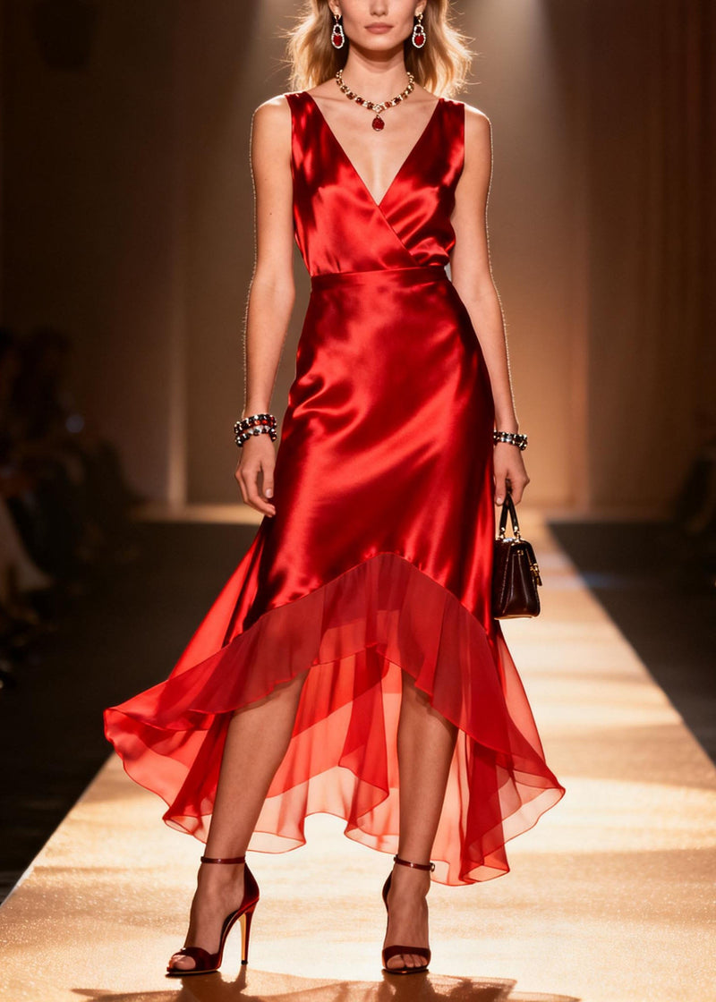 Fine Red V Neck Ruffled Patchwork Silk Dress Sleeveless