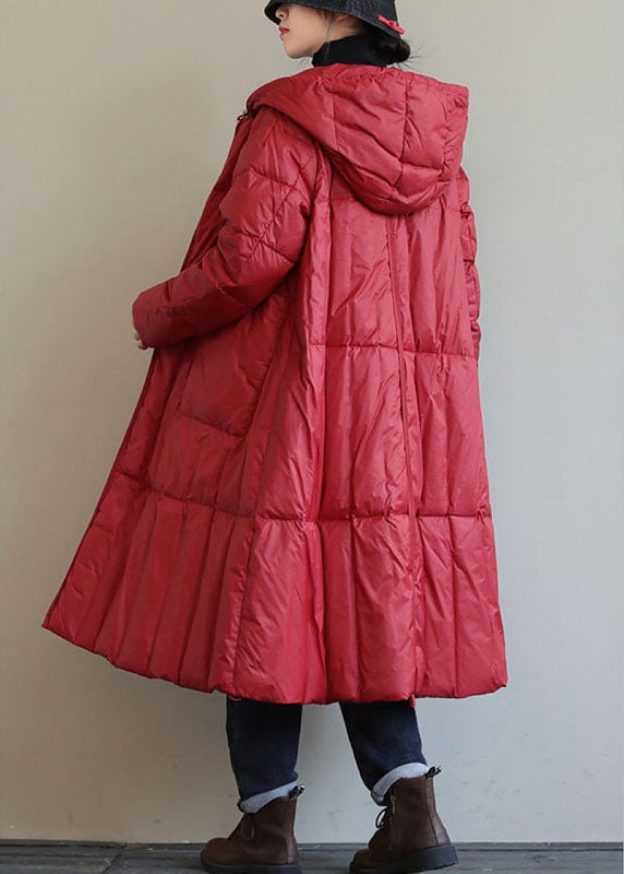 Fine Red Hooded Zippered Circle Winter Duck Down Coat