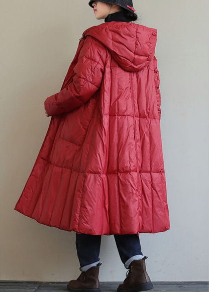 Fine Red Hooded Zippered Circle Winter Duck Down Coat