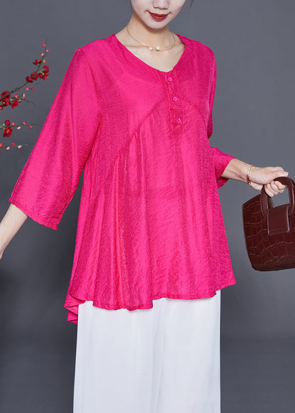Fine Rose O-neck Patchwork Silk Shirt Tops Bracelet Sleeve