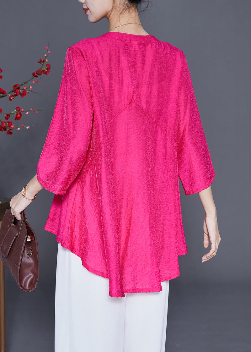 Fine Rose O-neck Patchwork Silk Shirt Tops Bracelet Sleeve