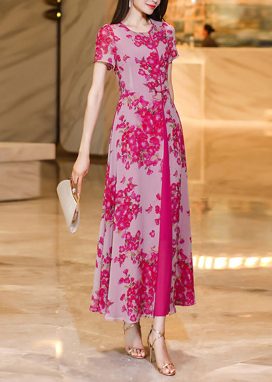 Fine Rose O Neck Print Patchwork Chiffon Dress Summer