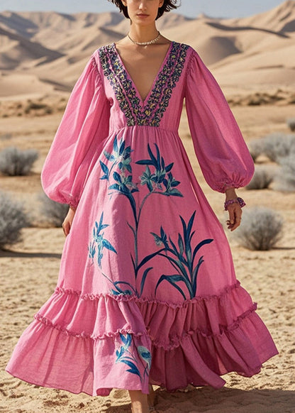 Fine Rose Ruffled Print Cotton Ankle Dress Spring