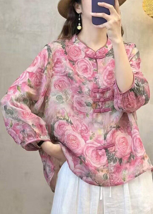 Fine Rose Stand Collar Print Linen Top Fall