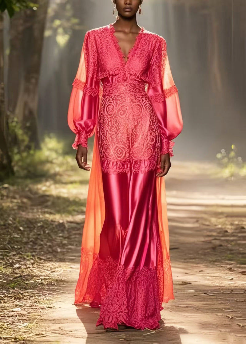 Fine Rose V Neck Patchwork Lace Silk Vestidos Dress Spring