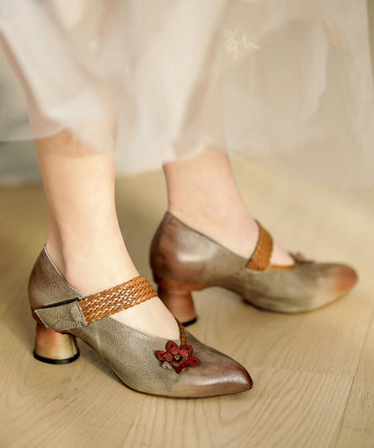Fine Splicing Buckle Strap Chunky High Heels Grey Cowhide Leather