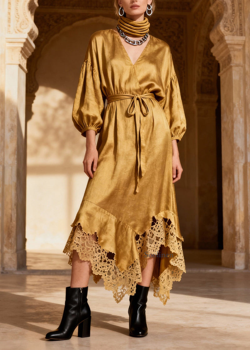 Fine V Neck Asymmetrical Lace Patchwork Silk Dresses Spring