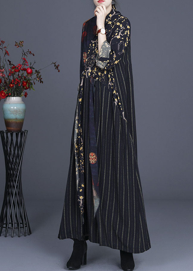 Fine V Neck Print Patchwork Tie Waist Fall Vacation Dresses