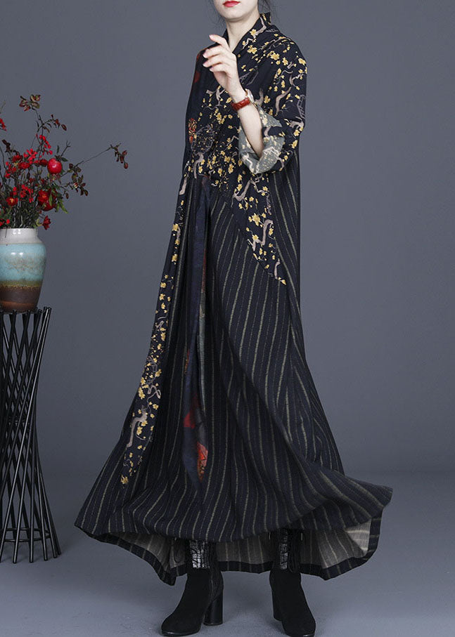 Fine V Neck Print Patchwork Tie Waist Fall Vacation Dresses