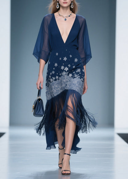 Fine V Neck Print Tassel Chiffon Maxi Dresses Summer