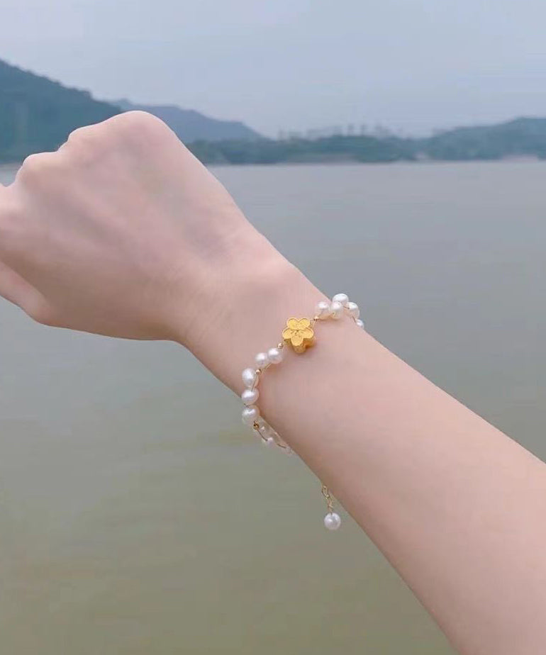 Fine White 14k Gold Pearl Woven Chain Bracelet