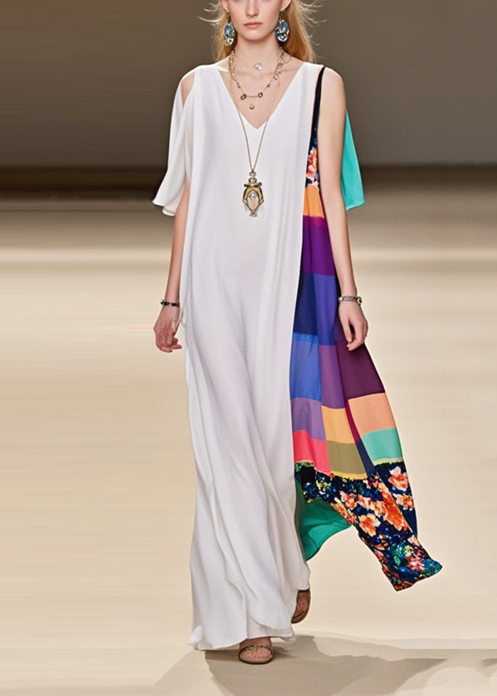 Fine White Asymmetrical Patchwork Cold Shoulder Chiffon Dress Summer