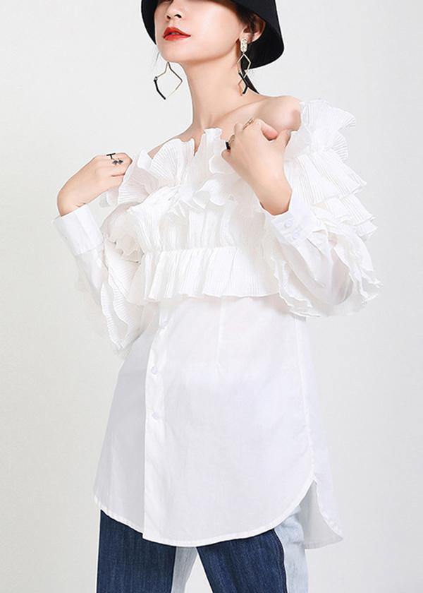 Fine White Cold Shoulder Slash neck Long sleeve Shirt Tops