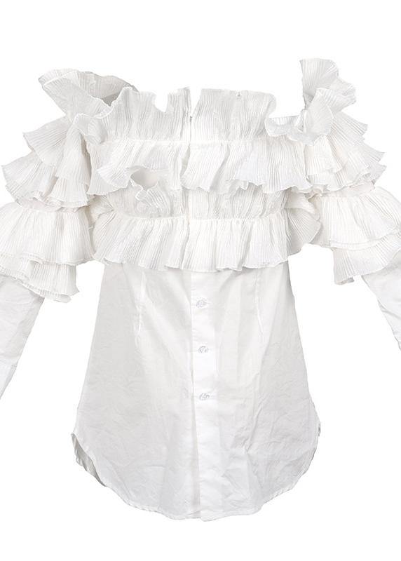 Fine White Cold Shoulder Slash neck Long sleeve Shirt Tops
