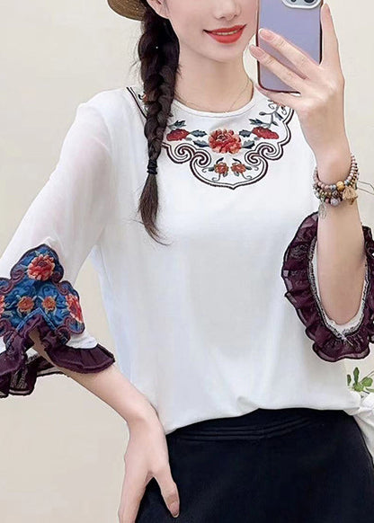 Fine White Embroidered Cotton Shirts Flare Sleeve
