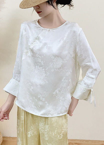 Fine White Jacquard Chinese Button Silk Shirt Top Spring