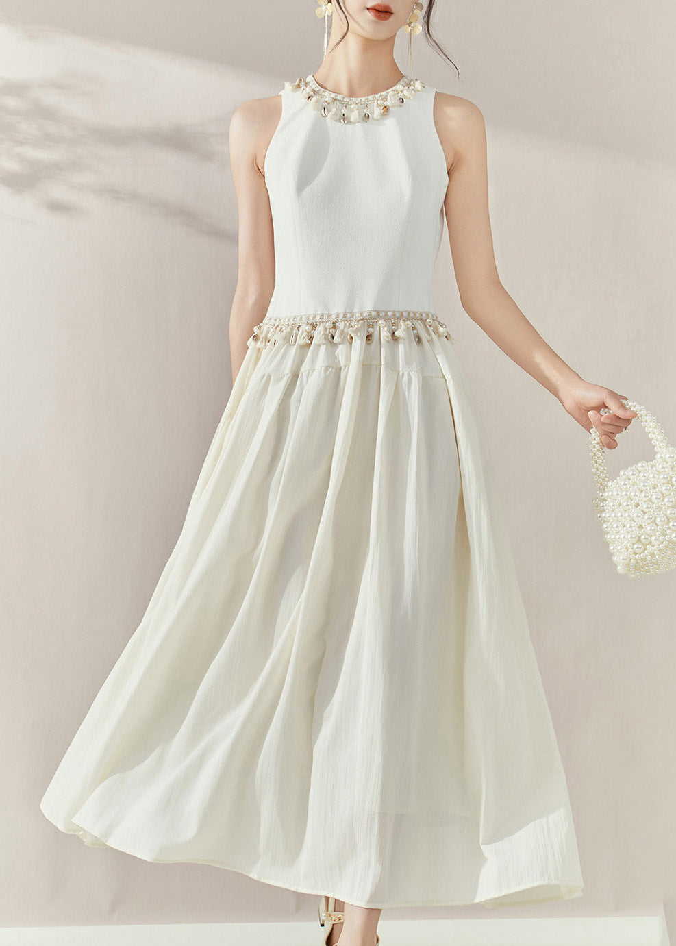 Fine White O-neck Tassel Patchwork Long Dresses Summer