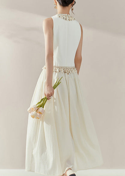 Fine White O-neck Tassel Patchwork Long Dresses Summer
