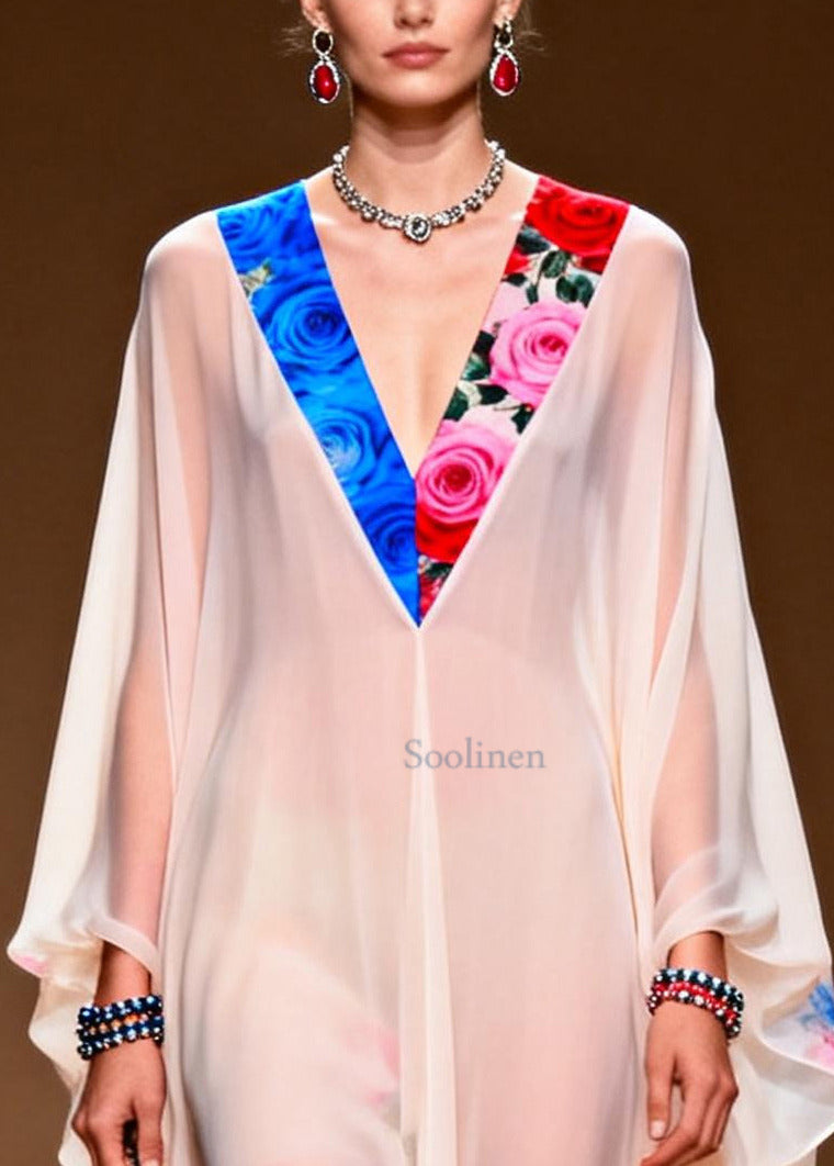 Fine White Oversized Print Chiffon Evening Dress Summer