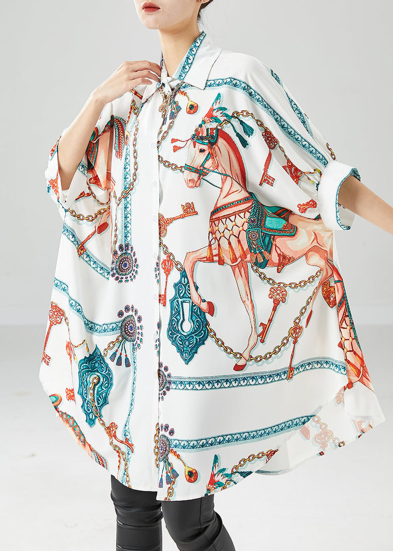 Fine White Oversized Print Silk Maxi Dresses Batwing Sleeve