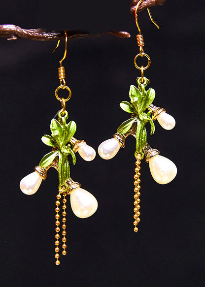 Fine White Pearl 14k Gold Branch Tassels Drop Earrings