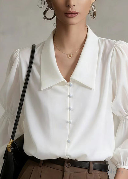 Fine White Peter Pan Collar Chinese Button Blouse Top Lantern Sleeve