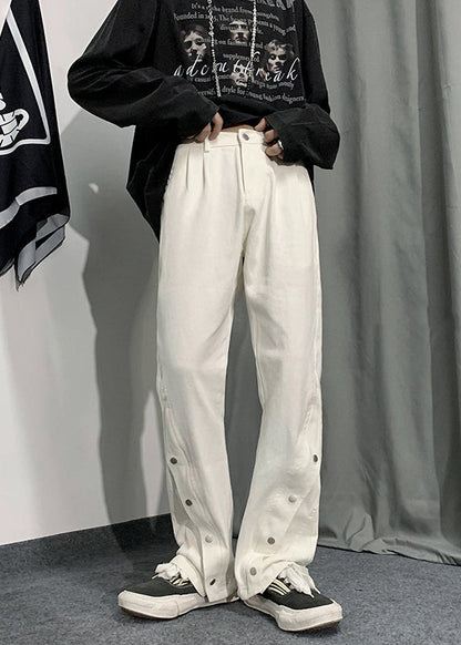 Fine White Pockets Side Open Patchwork Denim Pants Fall