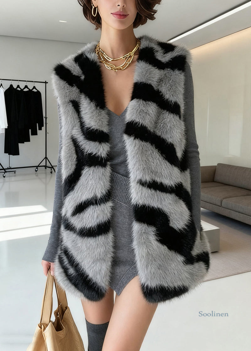 Fine White V Neck Pockets Fluffy Waistcoat Sleeveless
