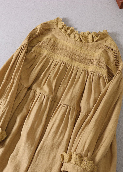 Fine Yellow Embroideried Patchwork Linen Long Dress Spring