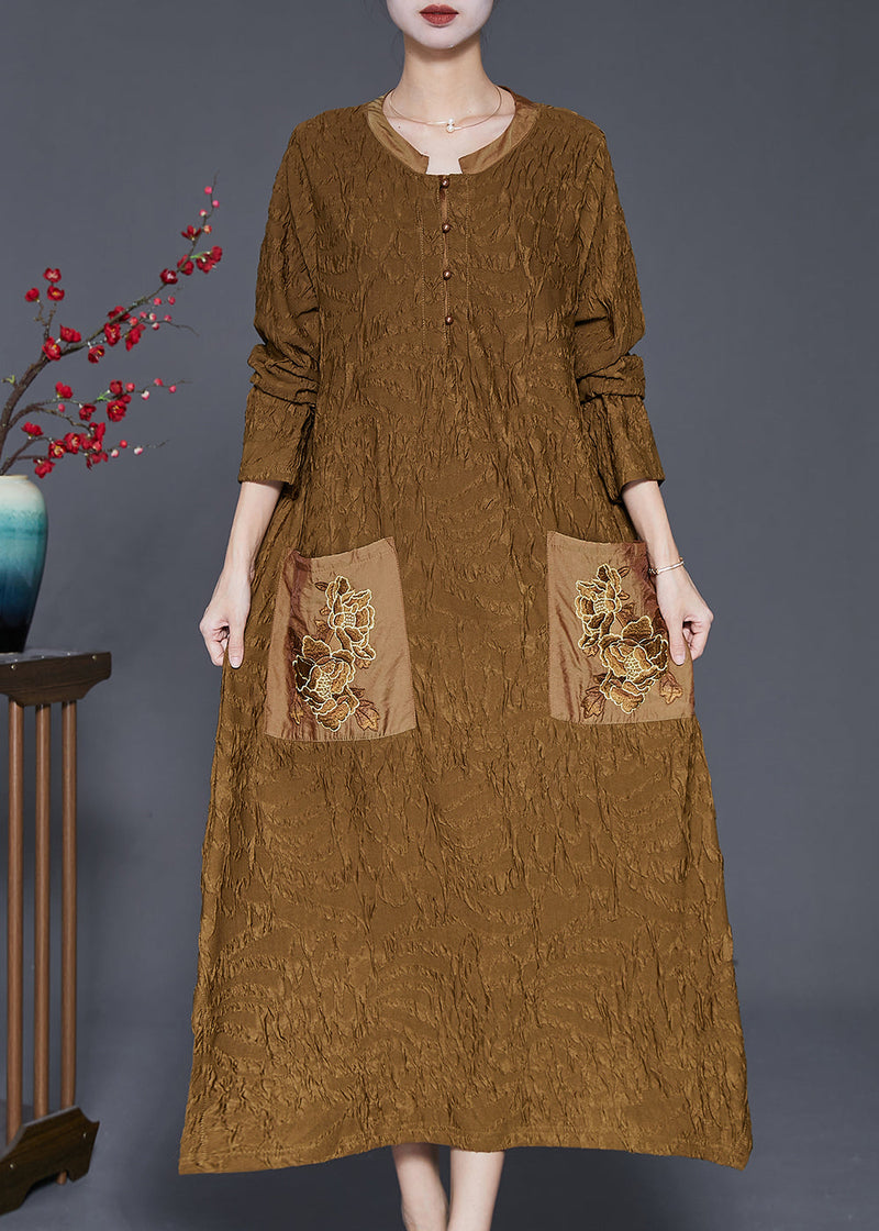 Fine Yellow Embroidered Wrinkled Silk Long Dress Fall