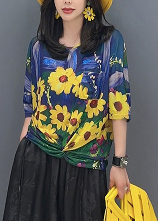 Fine Yellow O-neck Print T Shirt Half Sleeve
