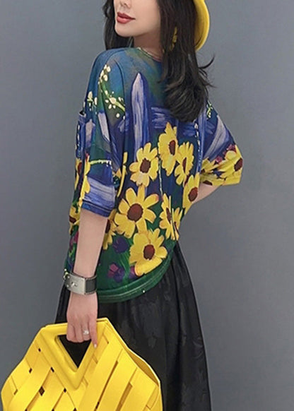 Fine Yellow O-neck Print T Shirt Half Sleeve