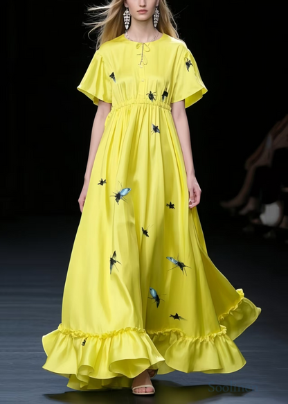 Fine Yellow Print Exra Large Hem Silk Holiday Dress Summer