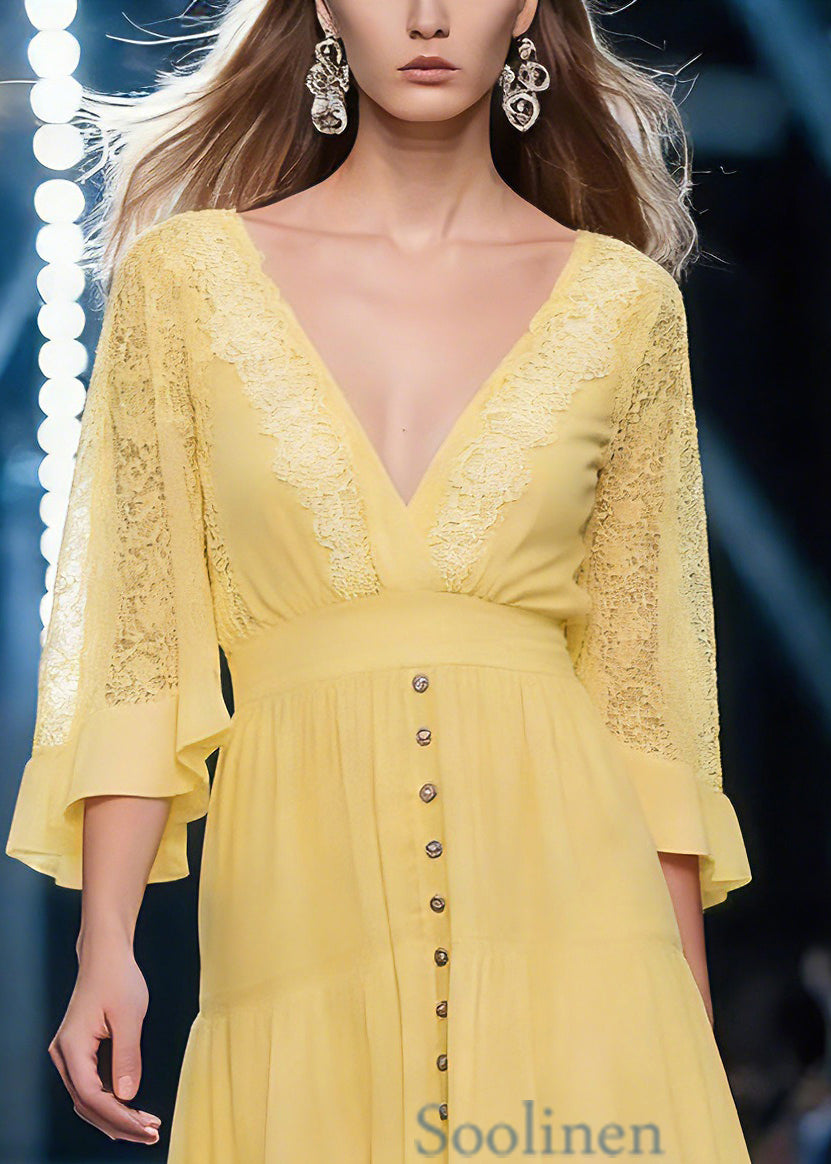 Fine Yellow V Neck Mid Dress Batwing Sleeve