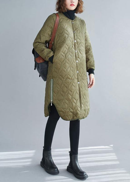 Fine Army Green Winter Coats Snow O Neck Zippered Overcoat