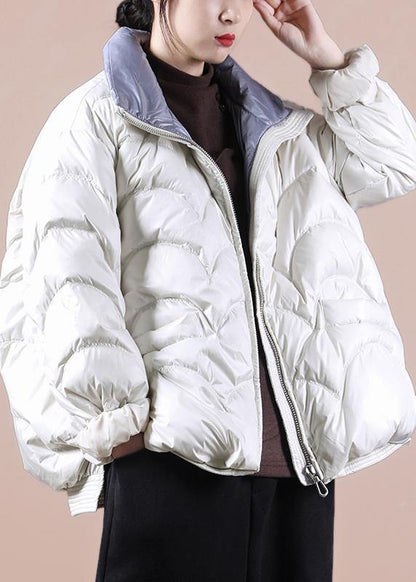 Fine Beige Down Coat Winter Stand Collar Zippered Coats