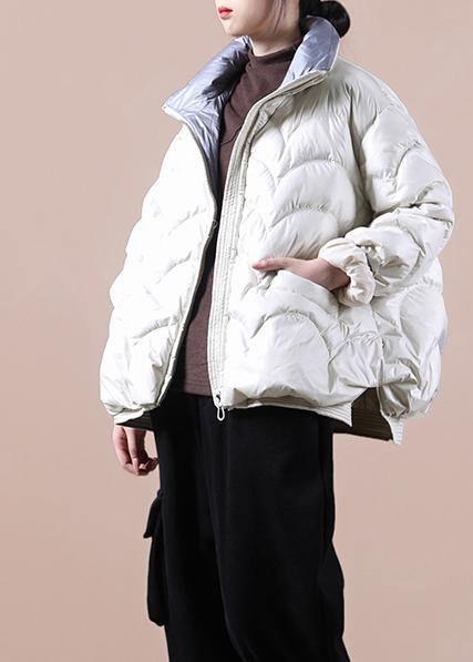 Fine Beige Down Coat Winter Stand Collar Zippered Coats