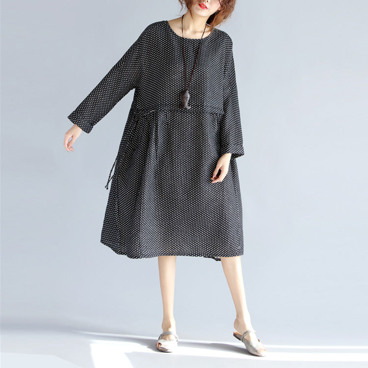 Fine Black Midi-length Cotton Linen Dress Loose Fitting Linen Cotton Dress Long Sleeve Large Hem O Neck Tunic Natural Cotton Linen Dress