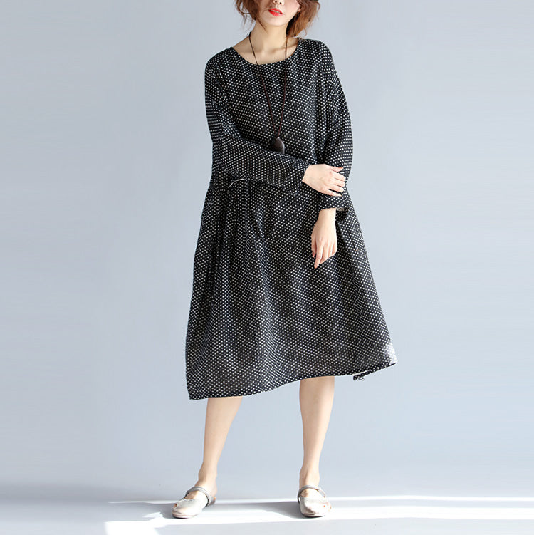 Fine Black Midi-length Cotton Linen Dress Loose Fitting Linen Cotton Dress Long Sleeve Large Hem O Neck Tunic Natural Cotton Linen Dress