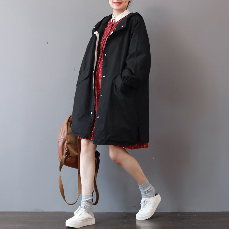 Fine Black Winter Coat Loose Fitting Hooded Coat Boutique Big Pockets Long Jackets