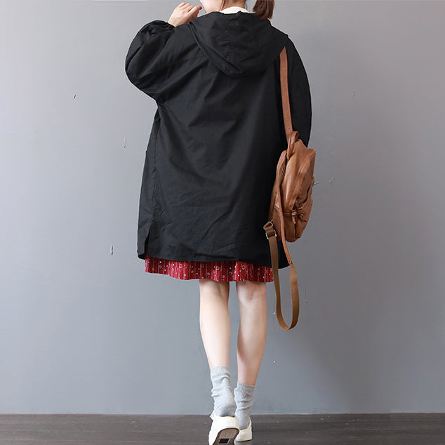 Fine Black Winter Coat Loose Fitting Hooded Coat Boutique Big Pockets Long Jackets